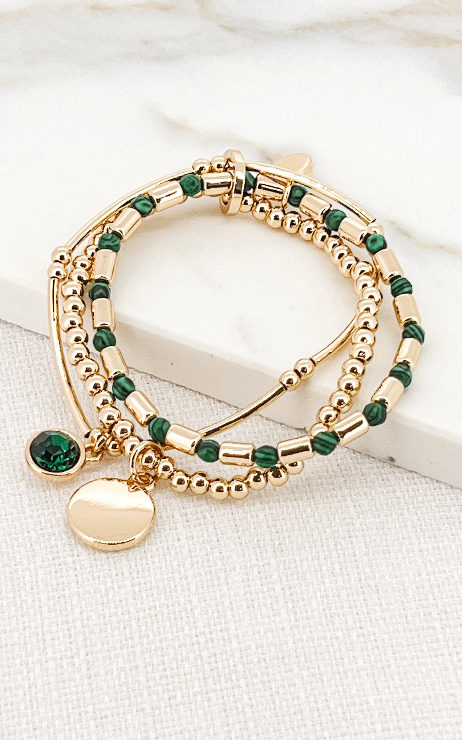 Triple Layer Stretch Bracelet With Green Cristals And Charms