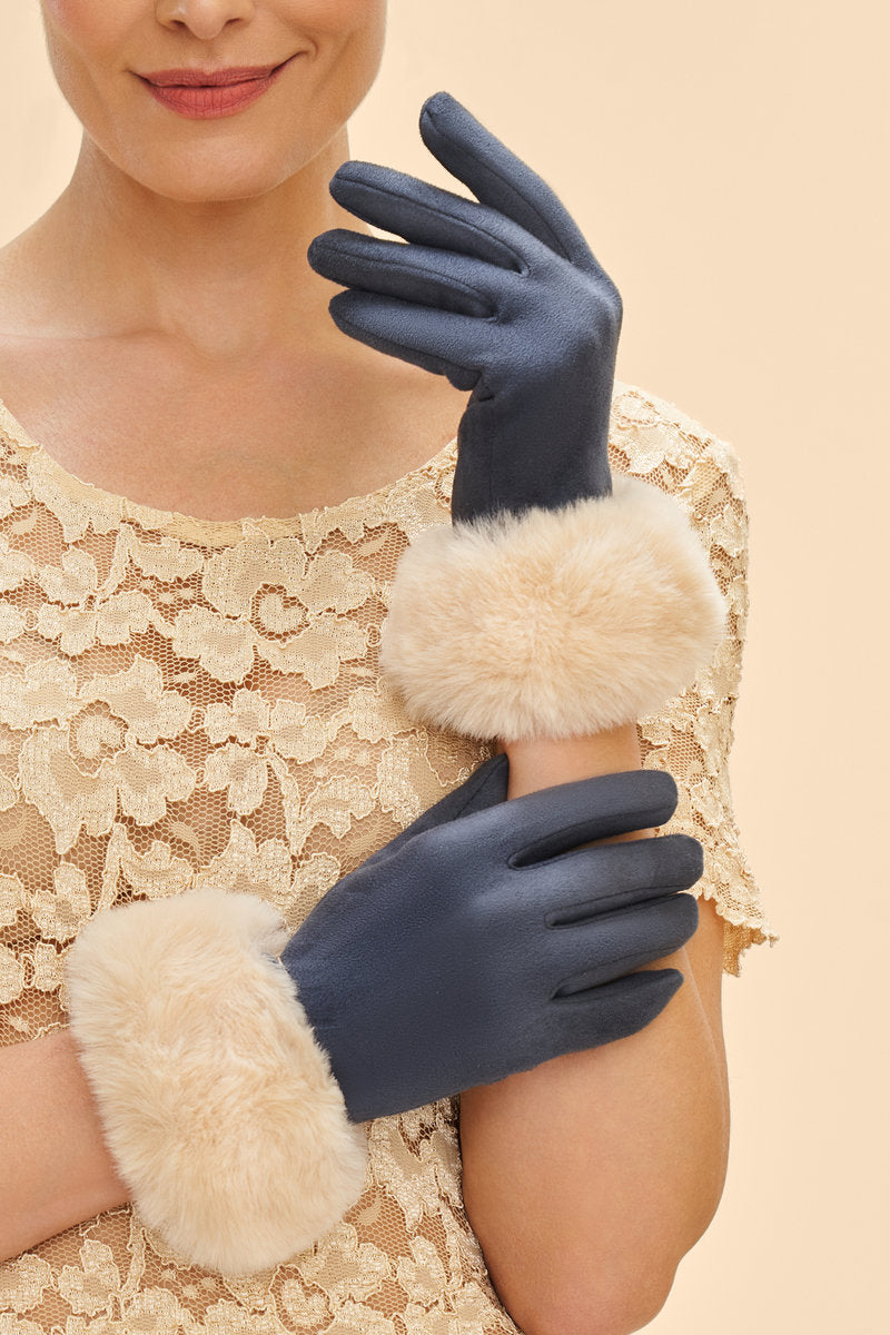 Bettina Faux Suede/Faux Fur Gloves in
Navy/Cream