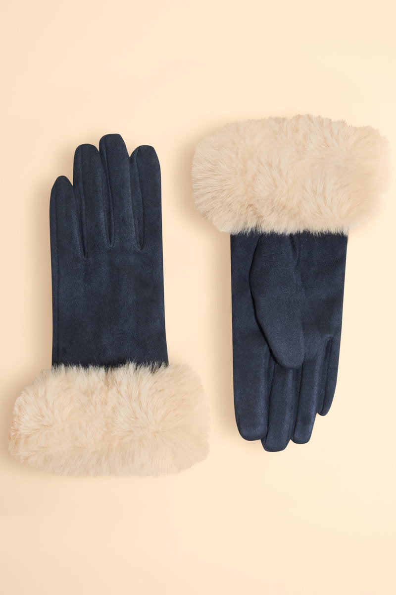 Bettina Faux Suede/Faux Fur Gloves in
Navy/Cream