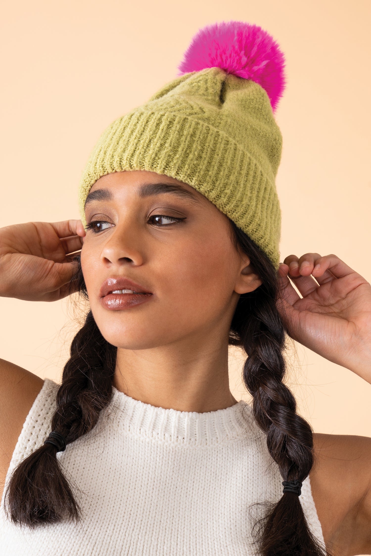 Ingrid Bobble Hat - Lime/Fuchsia